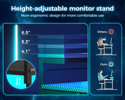 MOTPK L Shaped Gaming Desk with Power Outlet, Reversible Gaming Desk with Height Adjustable Monitor Stand, Gaming Computer Desk 43inch with LED Lights, Home Office Desk, Black
