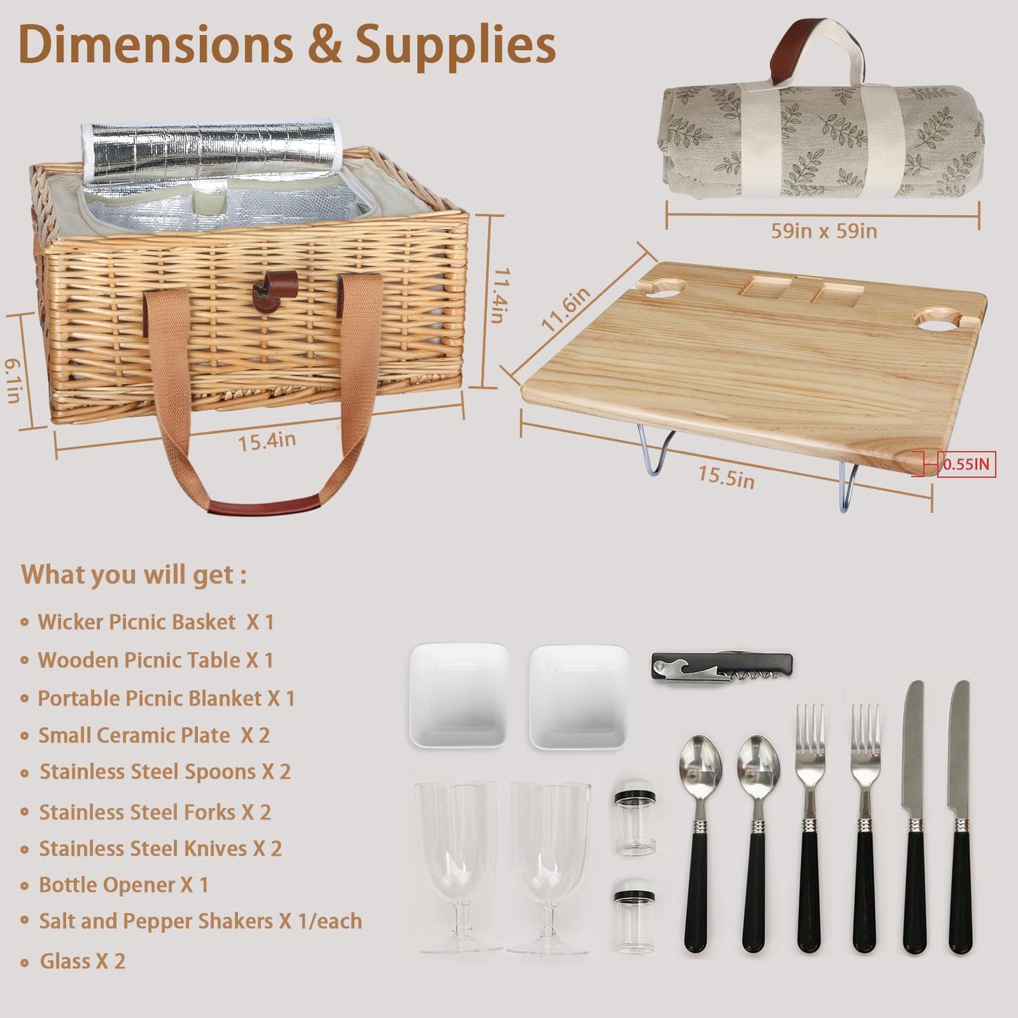 Hap Tim Wicker Picnic Basket for 2 with Mini Folding Wine Picnic Table & Large Insulated Cooler Bag & Cutlery Service Kits for 2 Person, Couples Gifts, Wedding Gifts (Y2307-2-CM)