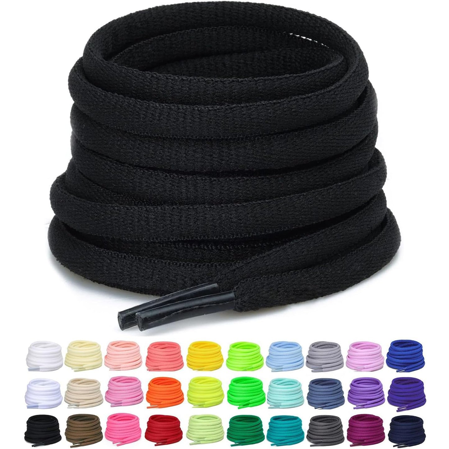 Puzeam 2 Pairs Oval Athletic Shoelaces 30 Colors 1/4" Half Round Shoe Laces for Sneakers - Black 80