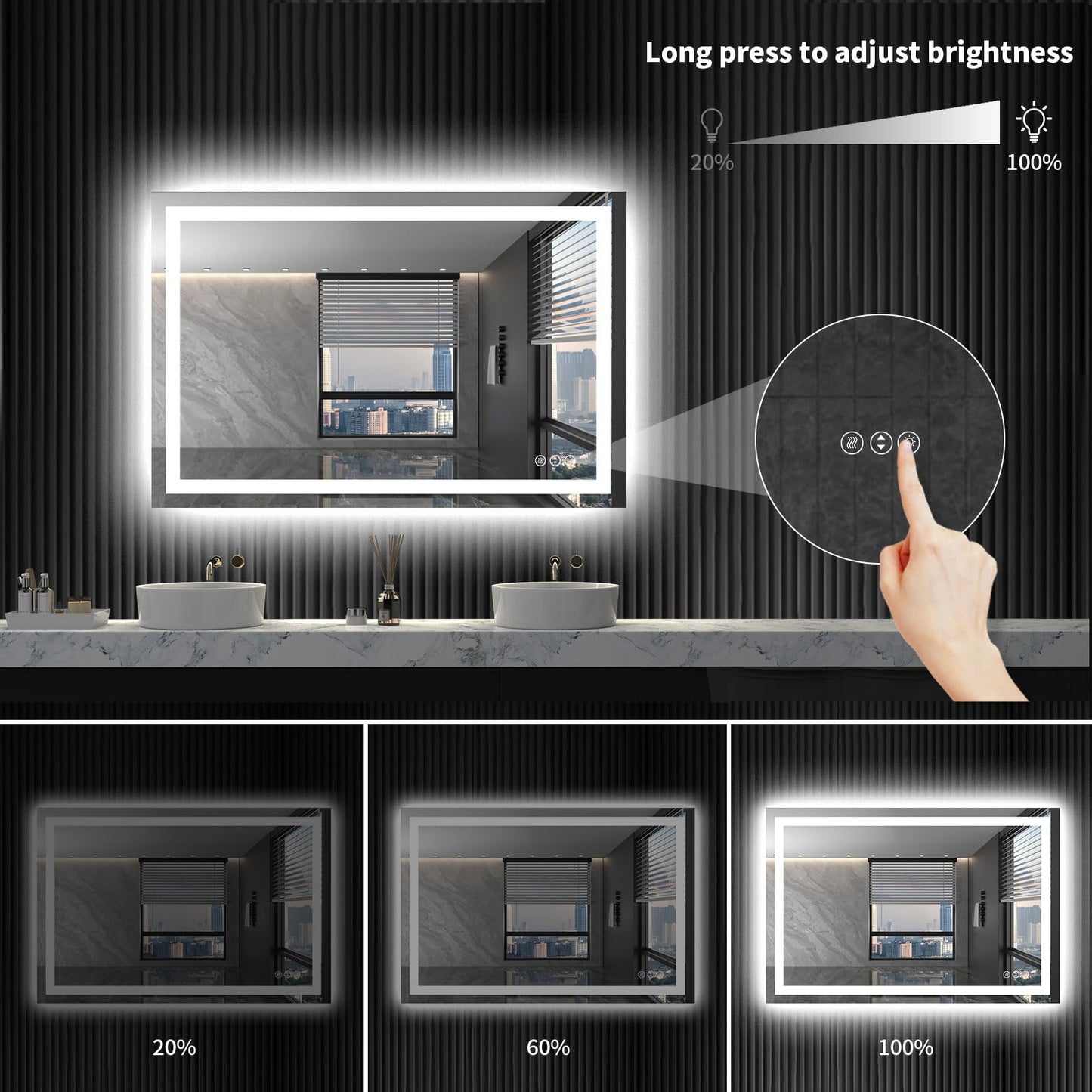LOAAO 48X32 LED Bathroom Mirror with Lights, Anti-Fog, Dimmable, Backlit + Front Lit, Lighted Bathroom Vanity Mirror for Wall, Memory Function, Tempered Glass (Safe to Use)