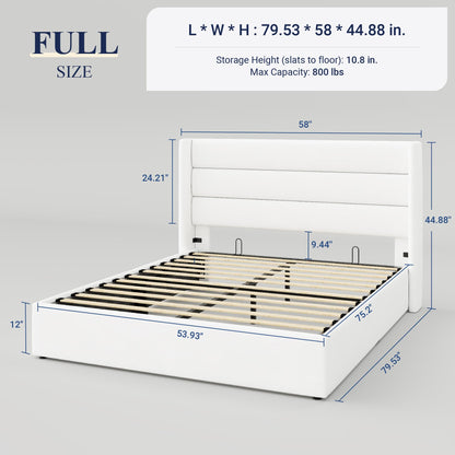 Allewie Full Size Velvet Lift Up Storage Bed, Modern Wingback Headboard, Hydraulic Support, No Box Spring Needed, White