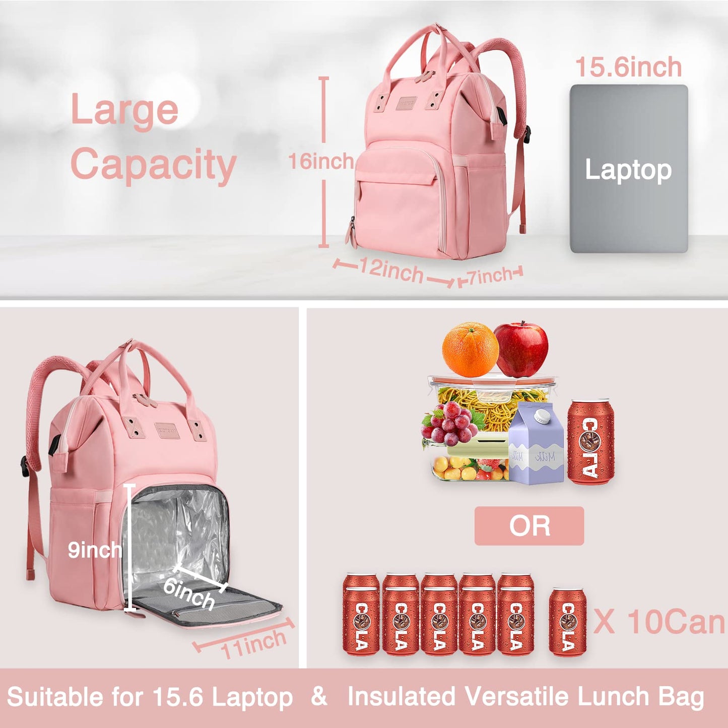 MAQTOIZ Women's Insulated Laptop Backpack Lunch Cooler Bookbag with USB Port for Women (15.6/14/13 Inch Laptop), Gift For Her