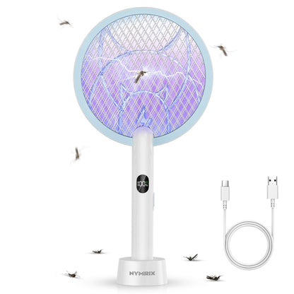 Nymrix Electric Fly Swatter Racket, 2 in 1 Mosquito Bug Zapper 4100V Handheld Mosquito Killer with 1800 mAh Rechargeable Battery, Purple Light and 3-Layer Safety Mesh for Indoor Outdoor Blue
