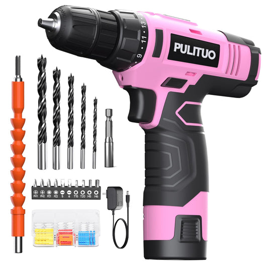 PULITUO 12V Pink Cordless Drill Set Power Drill Kit with Battery and Charger,electric drill home improvement,3/8-Inch Keyless Chuck,Built-in LED,21+1 Torque Setting small drill