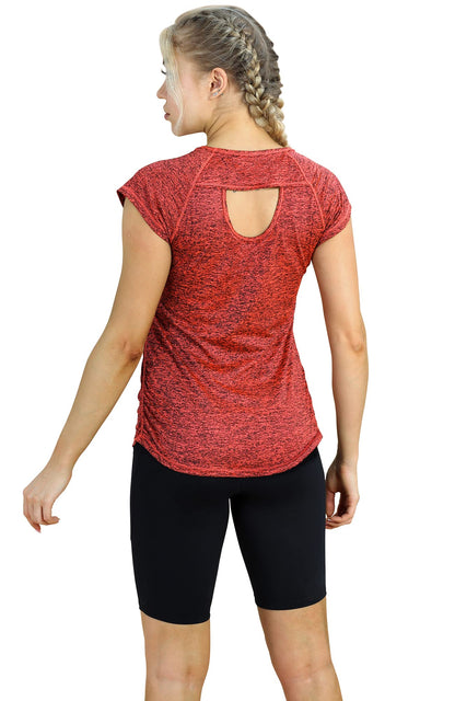 icyzone Workout Running Shirts for Women - Fitness Gym Yoga Exercise Short Sleeve T Shirts Open Back Tops (XL, Burnt Ochre)