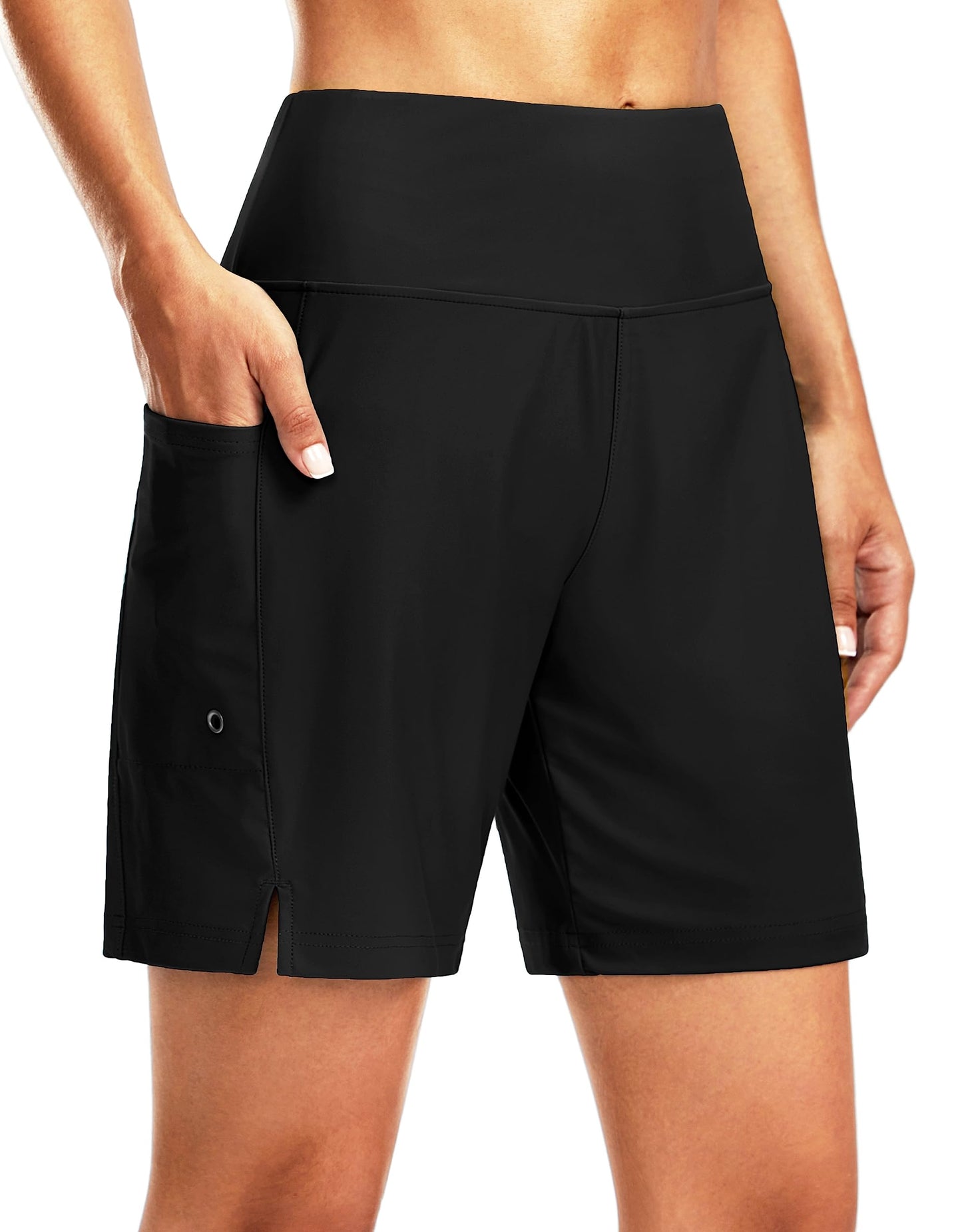 G Gradual Women's 7" Long Swim Board Shorts High Waisted Quick Dry Beach Swimming Shorts for Women with Liner Pockets(Black,L)