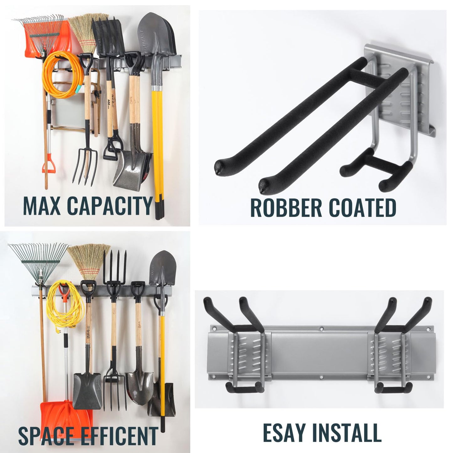 Aking Ace Wall Mount Tool Storage Rack, Heavy Duty Garage Organizer, Garden Hooks and Hangers, Hold Up to 350lbs Grey AK806