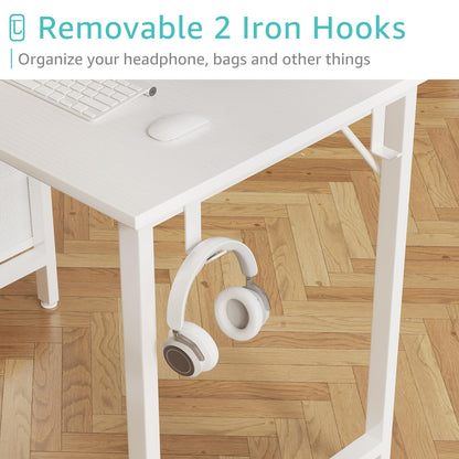 Lufeiya Small White Desk with Drawers for Bedroom, 40 Inch Kids Girls Study Desks, Reversible Computer Writing Nail Table with Fabric Drawer for Small Spaces Home Office Manicure