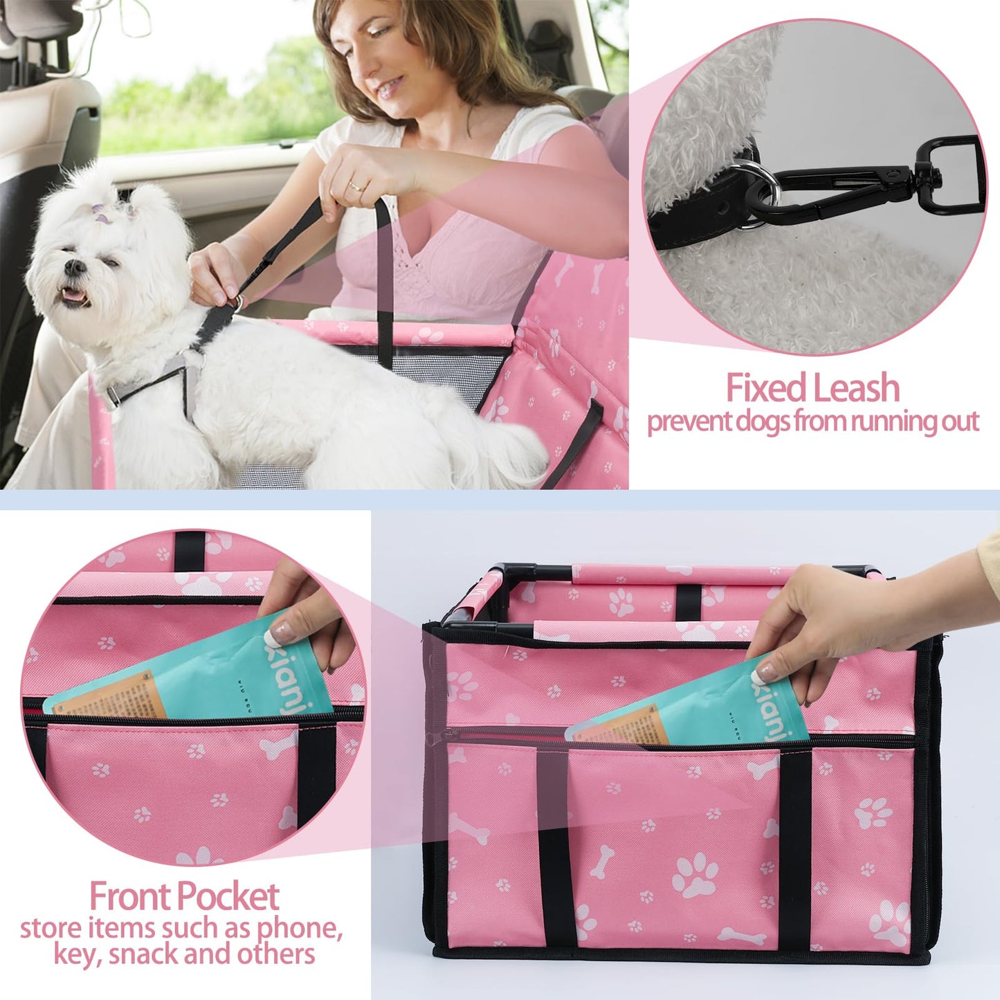 PetsHome Dog Car Seat Foldable Dog Car Booster Seat Waterproof Breathable Oxford Travel Bag for Small to Medium Dogs, Puppies, and Pets-Pattern Pink-Upgrade
