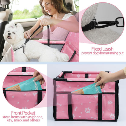 PetsHome Dog Car Seat Foldable Dog Car Booster Seat Waterproof Breathable Oxford Travel Bag for Small to Medium Dogs, Puppies, and Pets-Pattern Pink-Upgrade