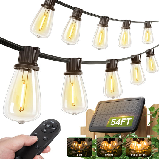 addlon 54(48+6) FT Solar String Lights Waterproof,Patio Lights Solar Powered with Remote & USB Port 15+1 LED Shatterproof Bulbs 3 Light Modes, Dimmable Solar Light for Camping Backyard Garden