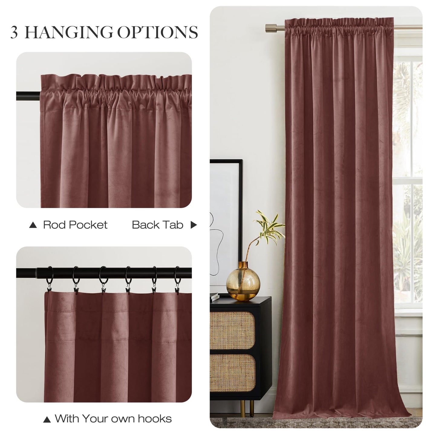 NICETOWN Wild Rose Velvet Curtains, Rod Pocket Velvet Drapes, Media Movie Theater Room Decor for Living Room, Super Soft Luxury Velvet Room Darkening Drapes for Home Decor (1 Pair, W52 x L96 inches)