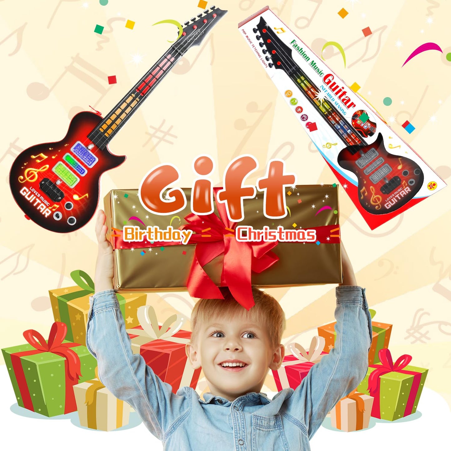 M SANMERSEN Kids Guitar Toddler Toys Guitar for Kids 3 4 5 Year Old Electric Musical Toy Guitars with 4 Strings Strap Light Up Boys Girls Gifts