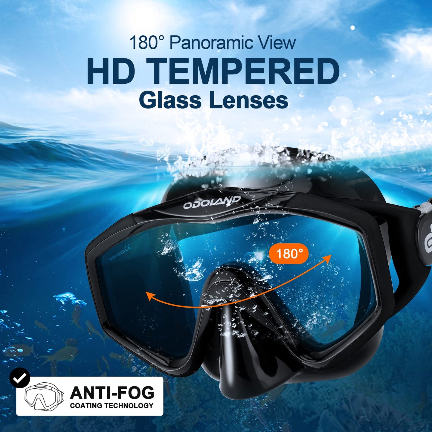 Odoland Snorkel Set, Snorkeling Packages with Dry Top Diving Mask, Adjustable Swim Fins, Mesh Bag, Anti-Fog Anti-Leak Snorkeling Gear for Men Women Adult, Black L/XL