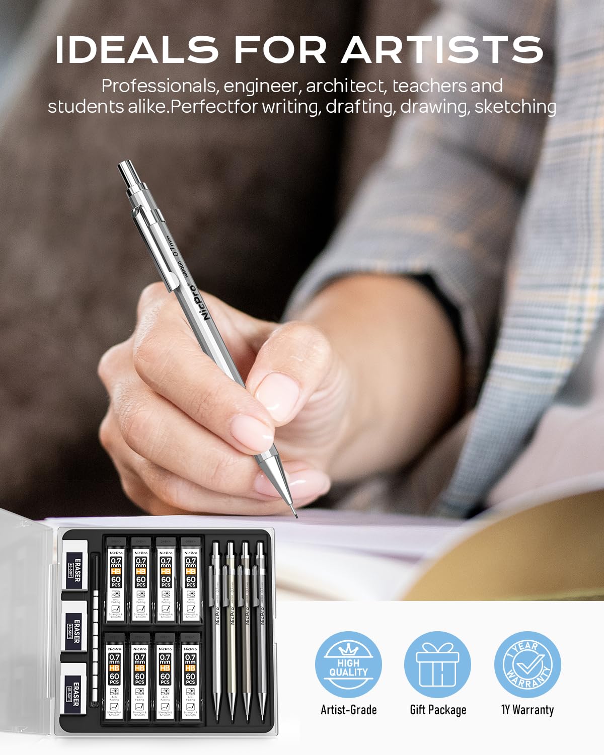 Nicpro 4 Pack Mechanical Pencil 0.7mm with Case, MB1000 Metal Mechanical Pencil Set with 6 Tube HB #2 Lead Refill 0.7 mm, 3PCS 4B Eraser, 9 Cap Eraser for Artist Drafting Writing, Sketching, Drawing