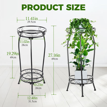 Plant Stand Indoor Outdoor 2 Tier 27" Tall Metal Potted Holder Rack Flower Pot Stand Heavy Duty Plant Shelf Rustproof Iron Multiple Plant Round Supports Rack for Planter Corner Garden Balcony Patio