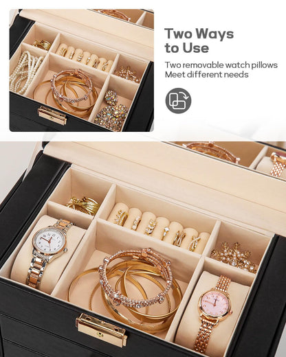 Homde Synthetic Leather Huge Jewelry Box Mirrored Watch Organizer Necklace Ring Earring Storage Lockable Gift Case (Black + Gold)