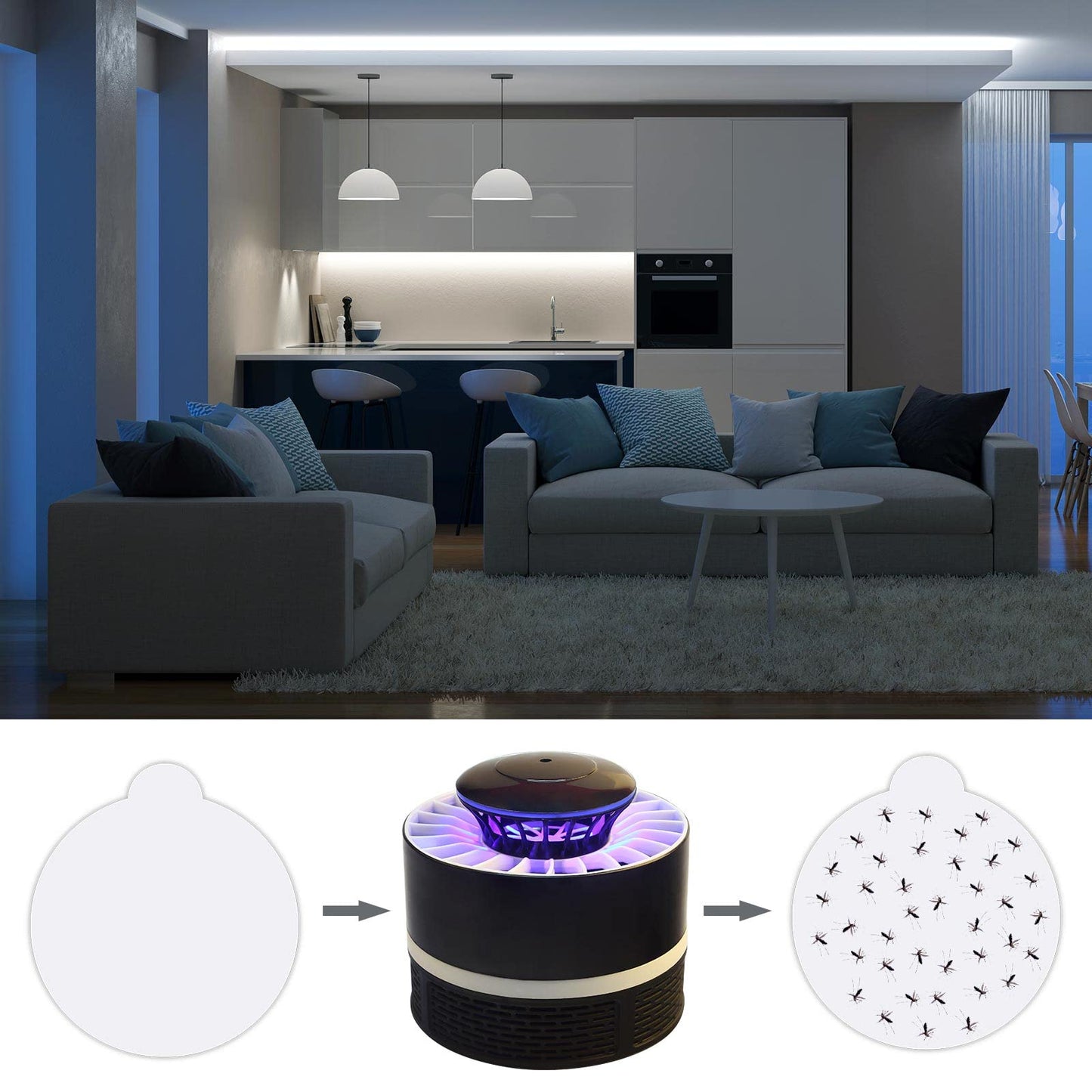 Kittmip 48 Pack 4.3 Inches Round Insect Trap Refillable Glue Boards Sticky Fruit Fly Trap Mosquito Fly Killer for Mosquitoes Fruit Flies Gnats Moths Fits Most Models Indoor Outdoor Lamp