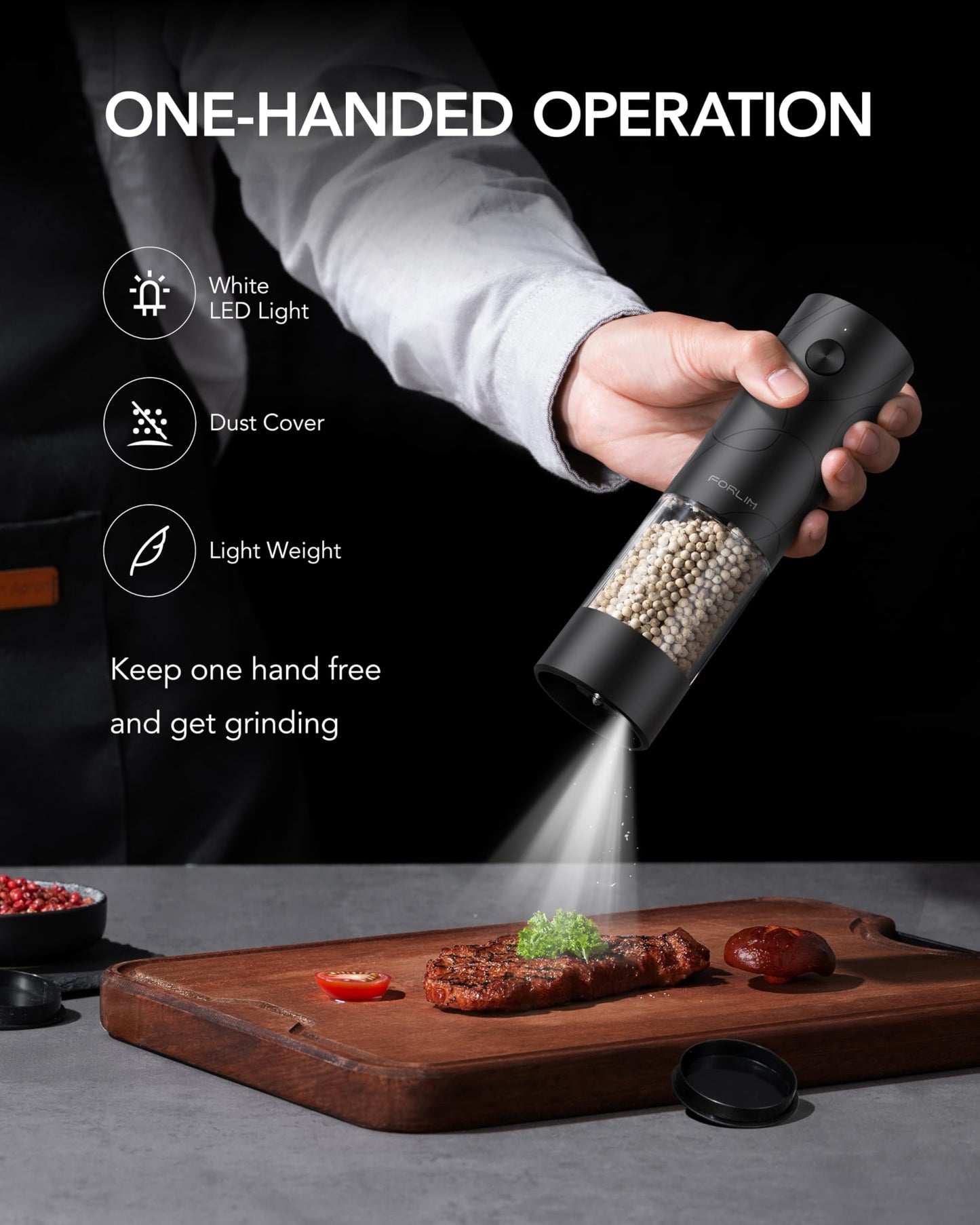 FORLIM Electric Salt and Pepper Grinder Set, USB Rechargeable, Automatic Salt Pepper Mill Grinder with Dust Cover, One-Button Control, Adjustable Coarseness, White LED Light (2 Packs, Black&White)