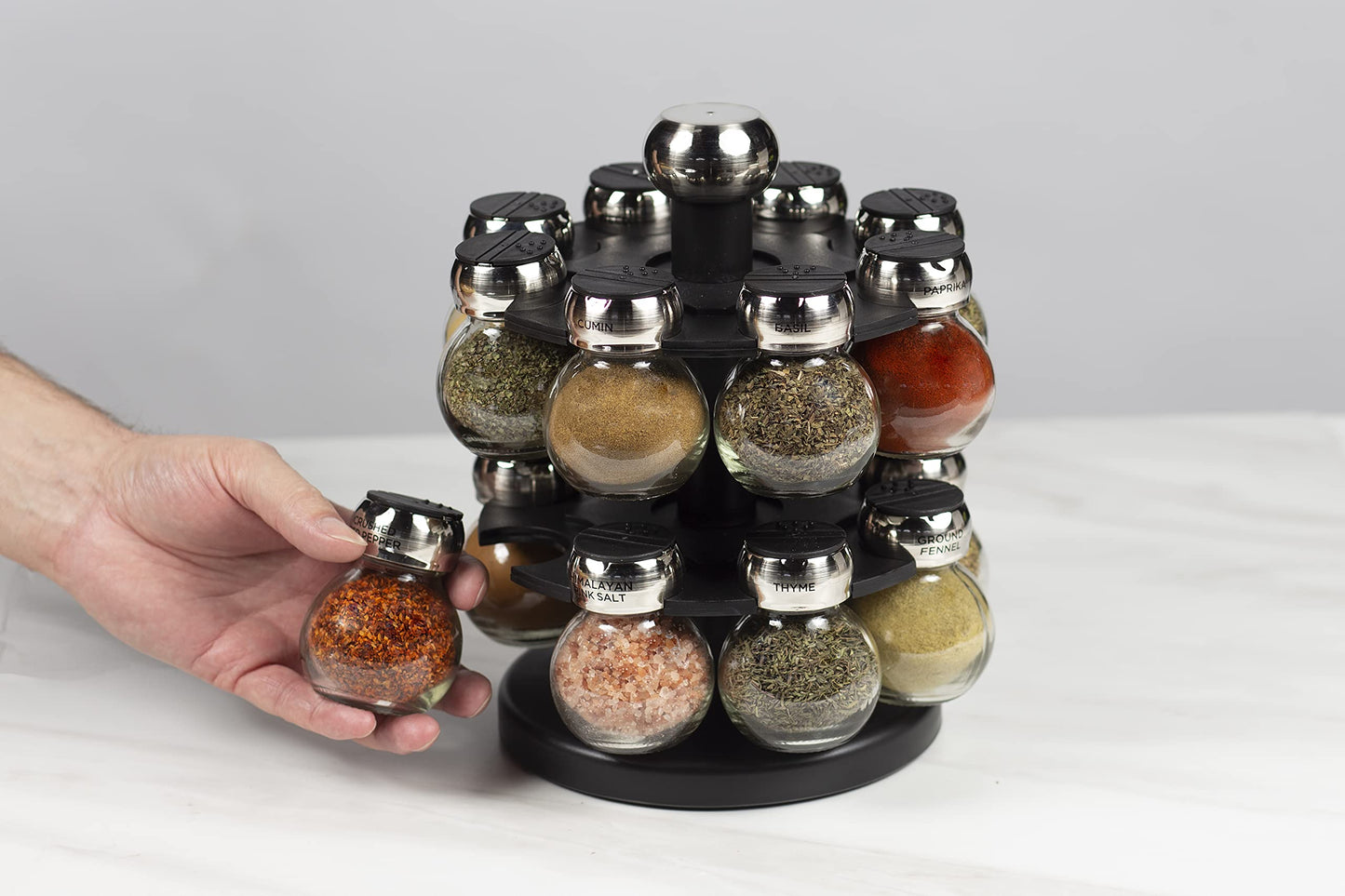 Olde Thompson Since 1944 Orbit Rotating Rack, 16 Refillable Spice Jars, Labeled Shaker Tops, 45, Black, Clear