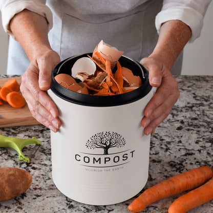 Perfnique Kitchen Compost Bin, 1.3 Gallon Countertop Compost Bin with Lid, Indoor Compost Bucket Includes Inner Bucket Liner and Carbon Filter, Small Compost Bin (Without Bags, Cream)