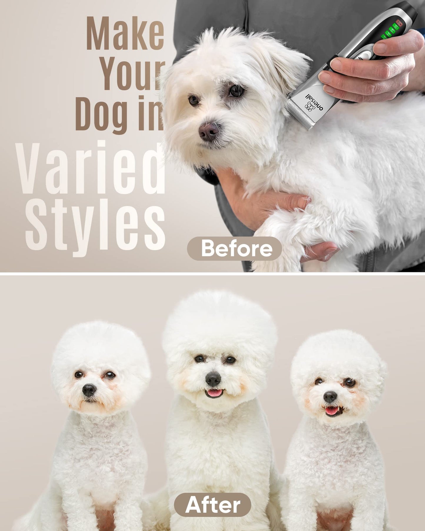 oneisall Low Noise 2-Speed Quiet Dog Grooming Kit - Rechargeable Cordless Pet Hair Clipper Trimmer Shaver for Small and Large Dogs, Cats and Animals (Silver)