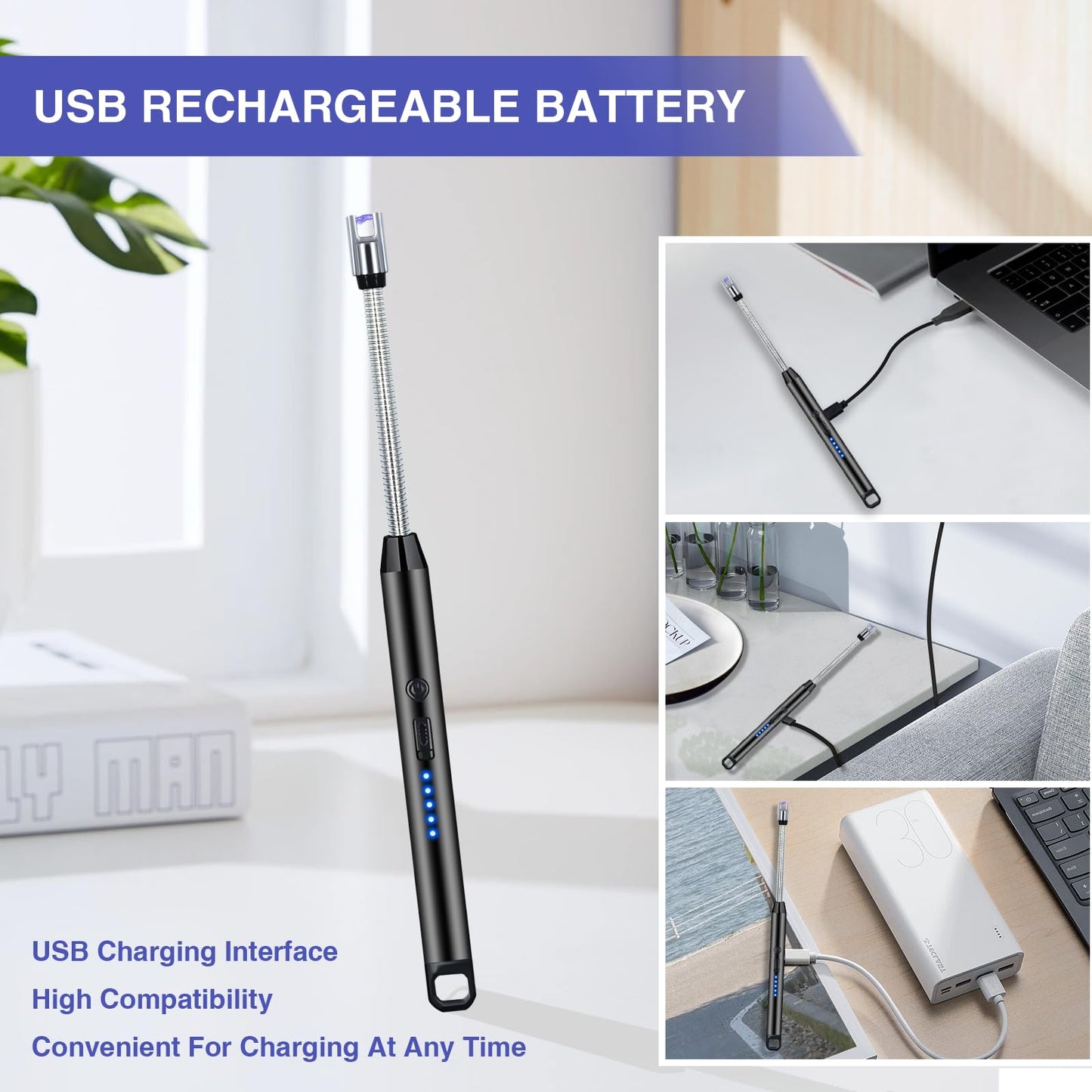 2 PCS Candle Lighter, Electric Lighter Arc Windproof Flameless with 360° Flexible Neck & LED Power Display, Lighters for Candle for BBQ, Grill, Camping, Fireplace, Stove