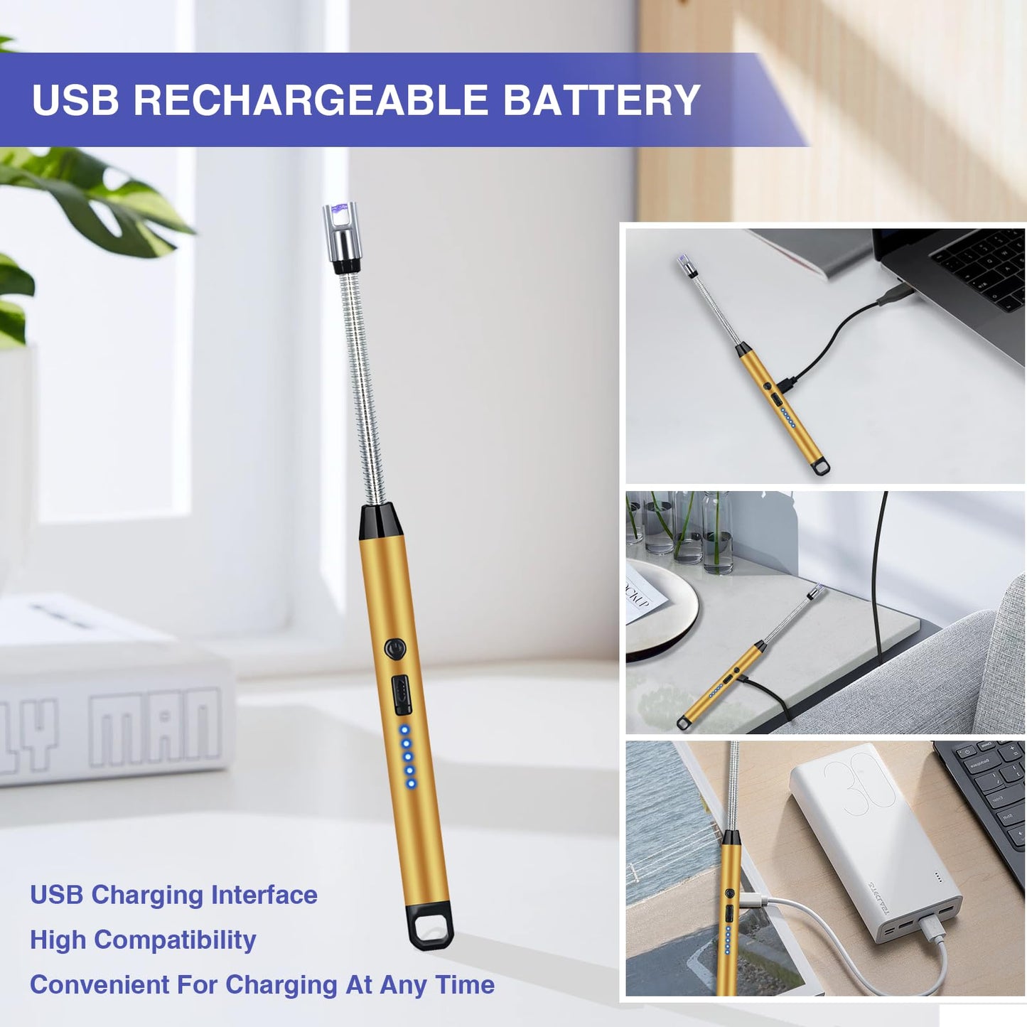 2 PCS Candle Lighter, Lighters for Candle Arc Windproof Flameless with 360° Flexible Neck & LED Power Display, Electric Lighter for BBQ, Grill, Camping, Fireplace, Stove(Gold)