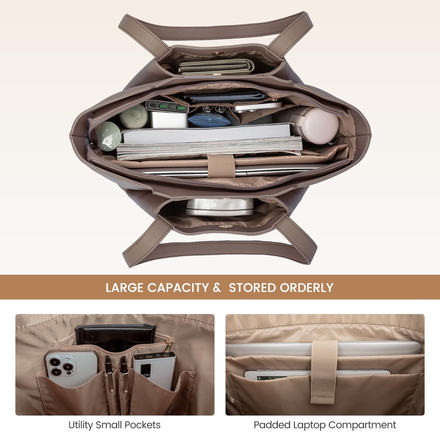 LOVEVOOK Laptop Tote for Women - 15.6 Inch Faux Leather Laptop Bag with Clutch, Large Capacity Office Purse Computer Briefcase for Casual Business Travel,Dark Khaki