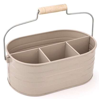 Alpha Living Home Multi-Functional Utensil Caddy – 4-Compartment Organizer for Kitchen, Party & Office – Durable Beige Powder-Coated Iron Alloy with Wooden Handle