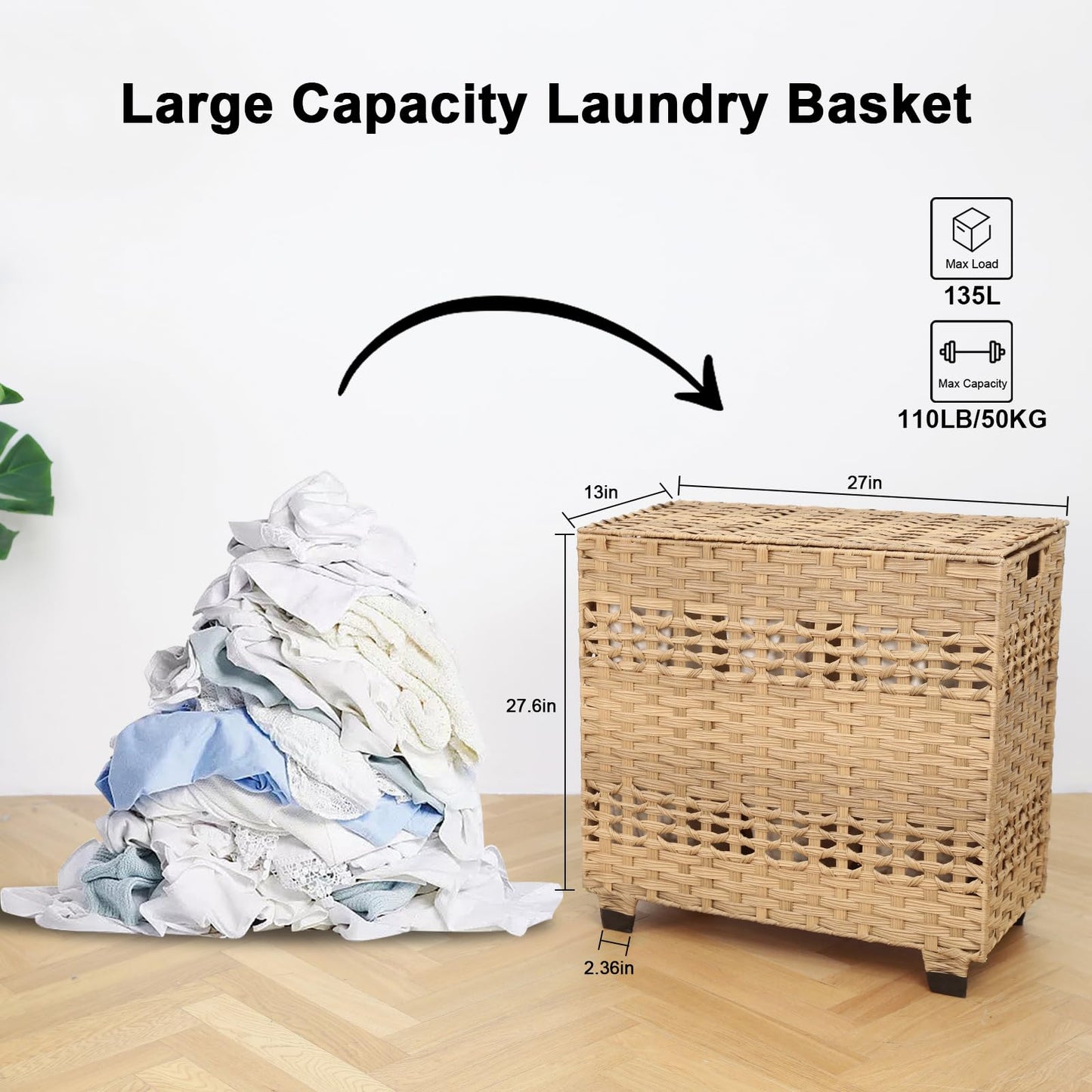 OIAHOMY Laundry Hamper with Lid, 140L Clothes Hamper with 3 Removable Liner Bags, Foldable Basket with Lid, Synthetic Wicker Laundry Basket for Bedroom, 27x 13 x 26 Inches, Yellow