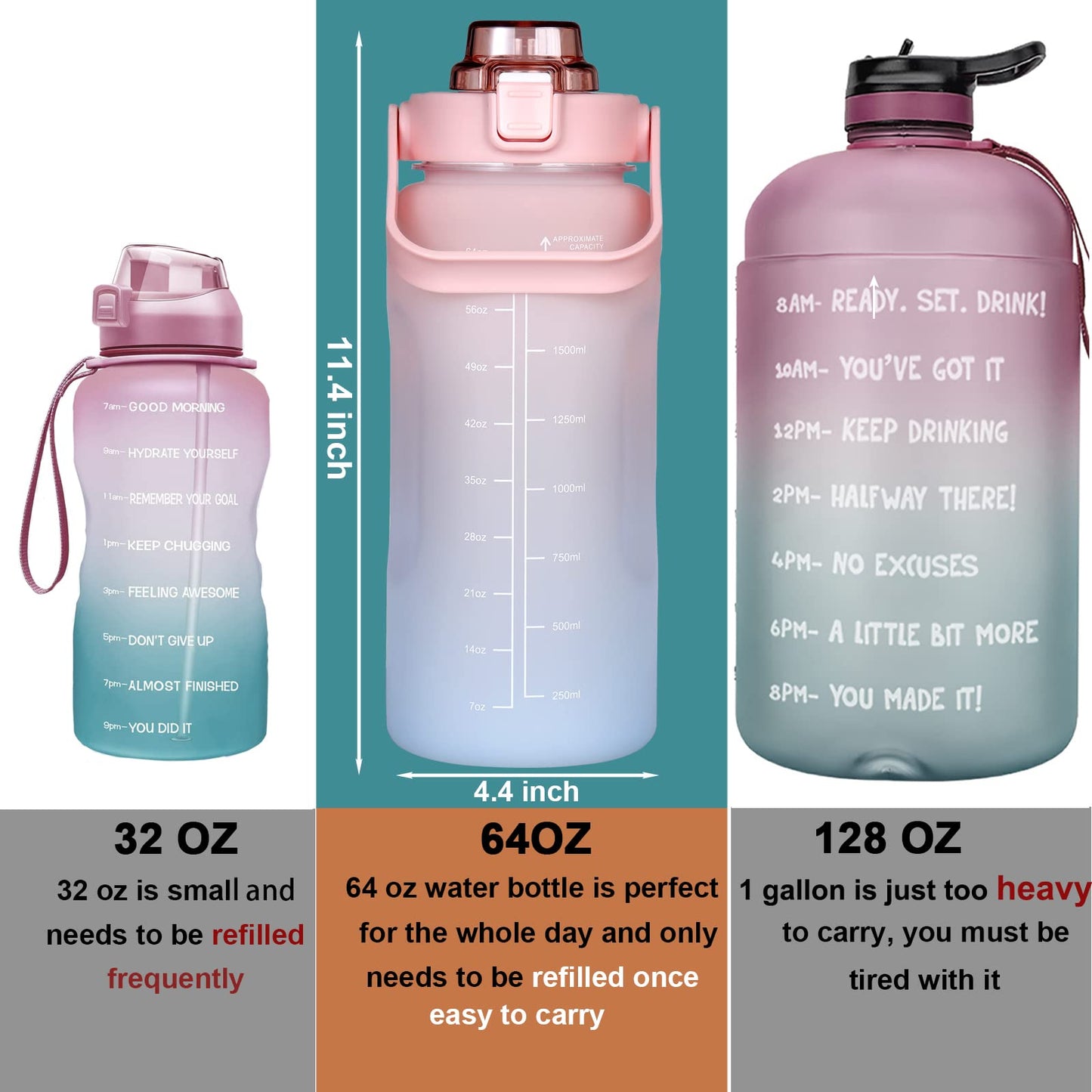 Large Motivational Water Bottle with Straw Time Marker BPA Free for Sport and Fitness (Pink Blue, 64 Oz / Half Gallon)