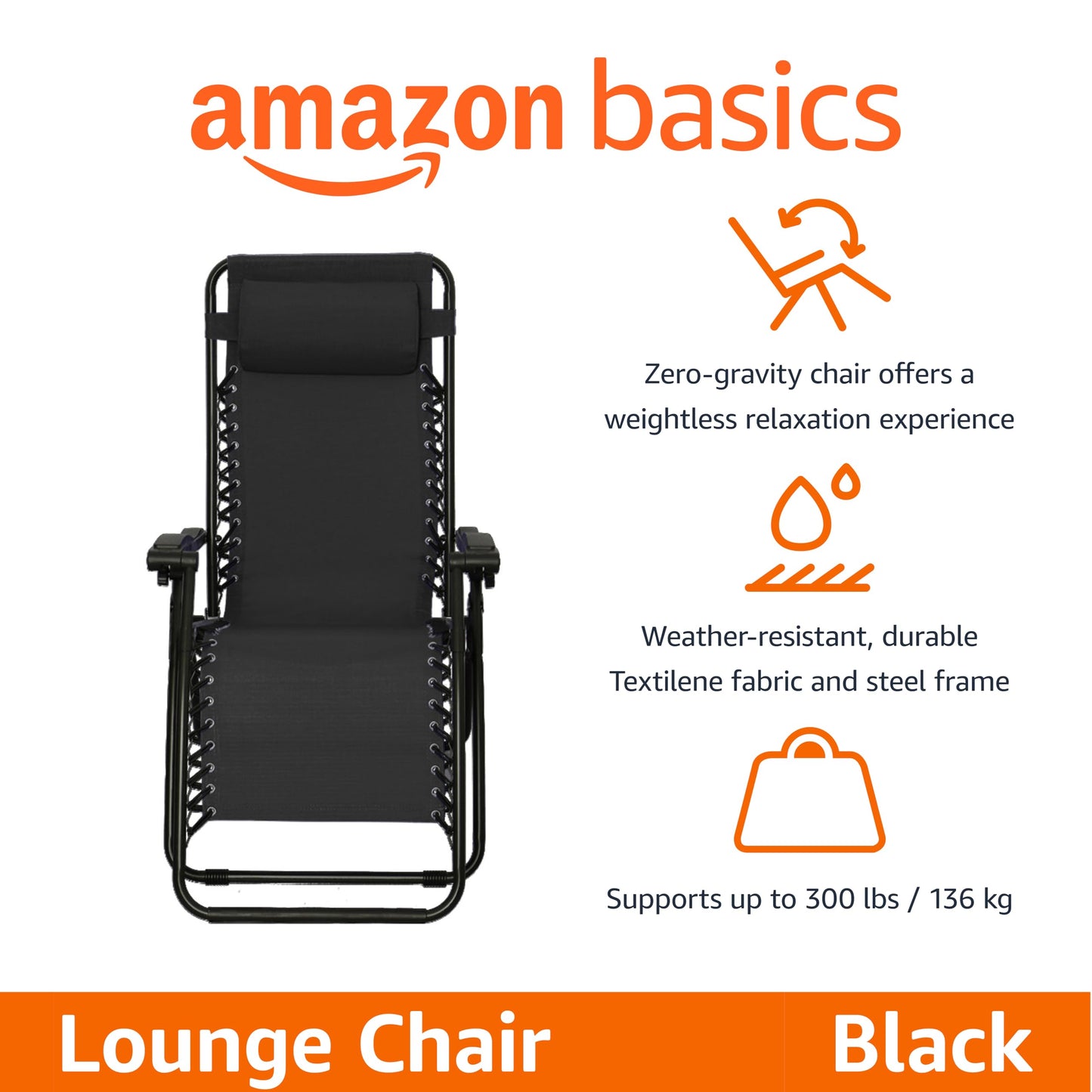 Amazon Basics Outdoor Patio Zero Gravity Lounge Chair with Pillow, Folding Reclining and Textilene Adjustable, Folding Lounge Lawn Chairs for Outside, 26", Black