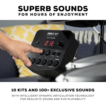 Alesis Drums Debut Kit – Electric Drum Kit with 4 Quiet Mesh Electronic Pads, 120 Sounds, Drum Sticks, Stool, Headphones, and Lessons