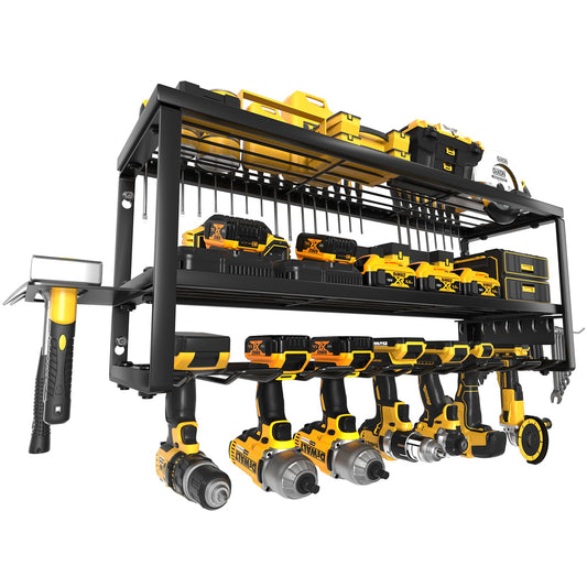 MOOMSINE Power Tool Organizer Wall Mount for Tool Storage, Heavy Duty 7 Slots Cordless Drill Holder and Battery Shelf, Metal Tool Holder and Storage Rack with Charging Station for Garage Organization