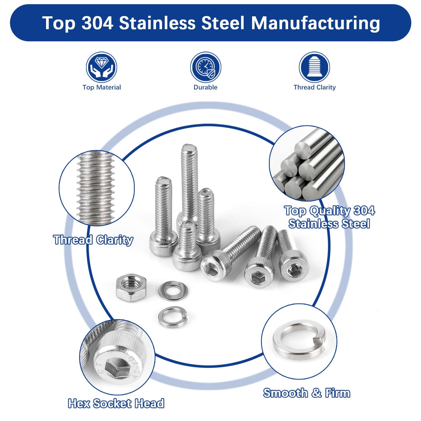 JROUTH 2000PCS M2 M3 M4 M5 Hex Socket Head Cap Screws，Bolts Nuts Washers Spring Washers Assortment Kit, 304 Stainless Steel Hex Socket Cap Metric Screws with Wrenches and Tweezers