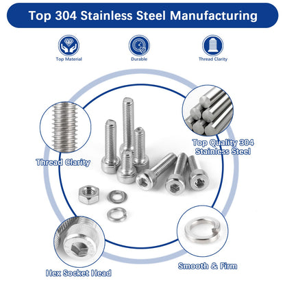 JROUTH 2000PCS M2 M3 M4 M5 Hex Socket Head Cap Screws，Bolts Nuts Washers Spring Washers Assortment Kit, 304 Stainless Steel Hex Socket Cap Metric Screws with Wrenches and Tweezers