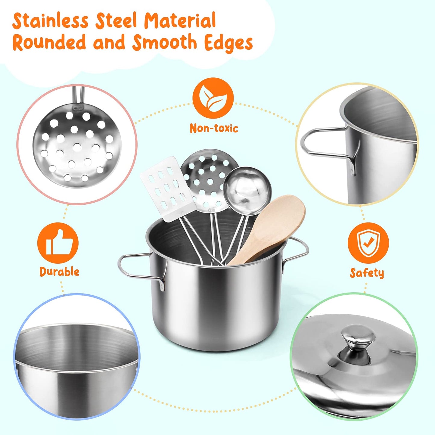 Kids Pretend Play Kitchen Accessories Set, 38Pcs Stainless Steel Play Pots Pans Sets for Kids, Toy Cookware Cooking Utensils Play Food Dish Toddler Kitchen Playset Gifts for Boys Girls