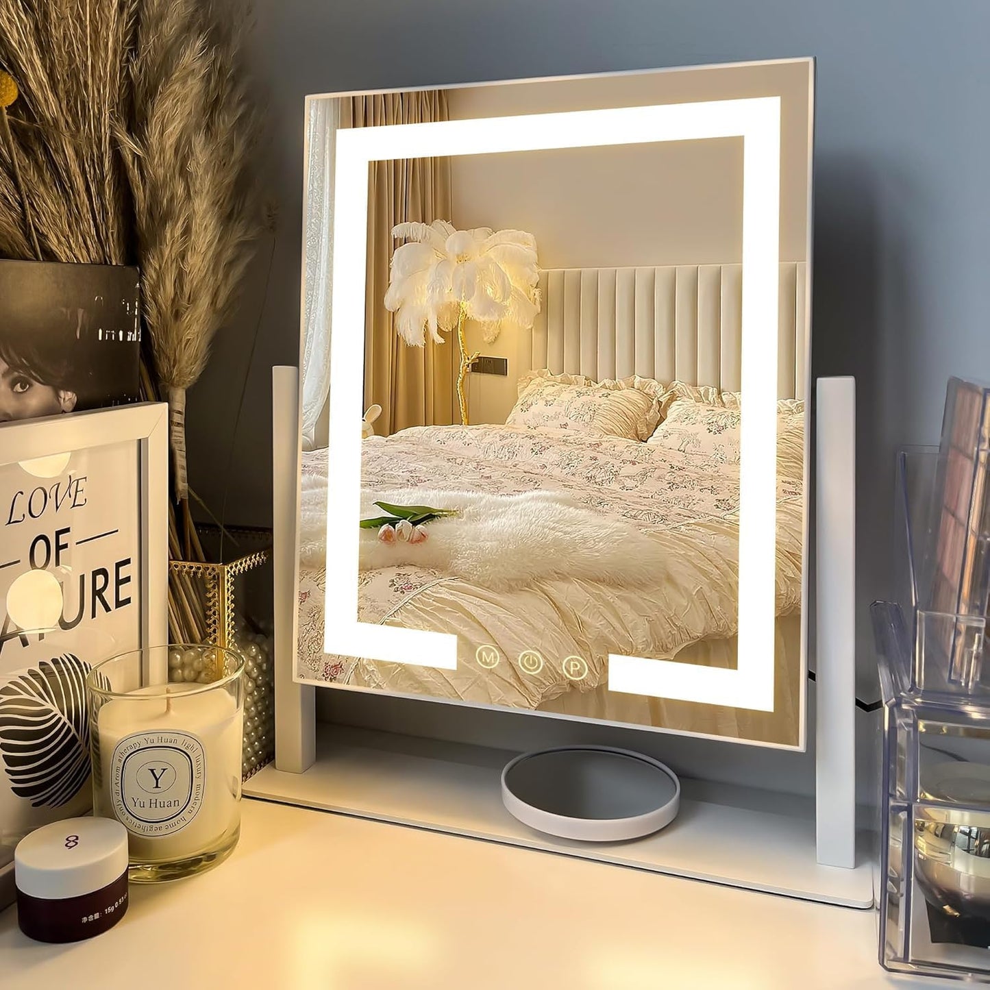 LuxeVue Makeup Mirror with Lights, Vanity Mirror with 3 Lighting Modes, Light Up Mirror, Touch Sensor, AC-Powered, 360° Rotatable, Metal Frame, with Detachable 3.5" 15X Spot Mirro, Gift for Women