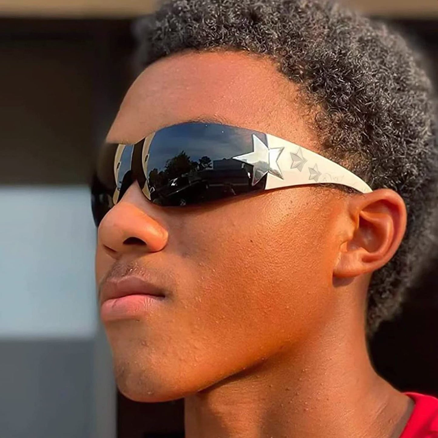 Haqptul Rimless Y2K Sunglasses Star Wrap Around Glasses 2000S Accessories for Women Men Trendy Fashion Cool Shield Shades (Black/White)