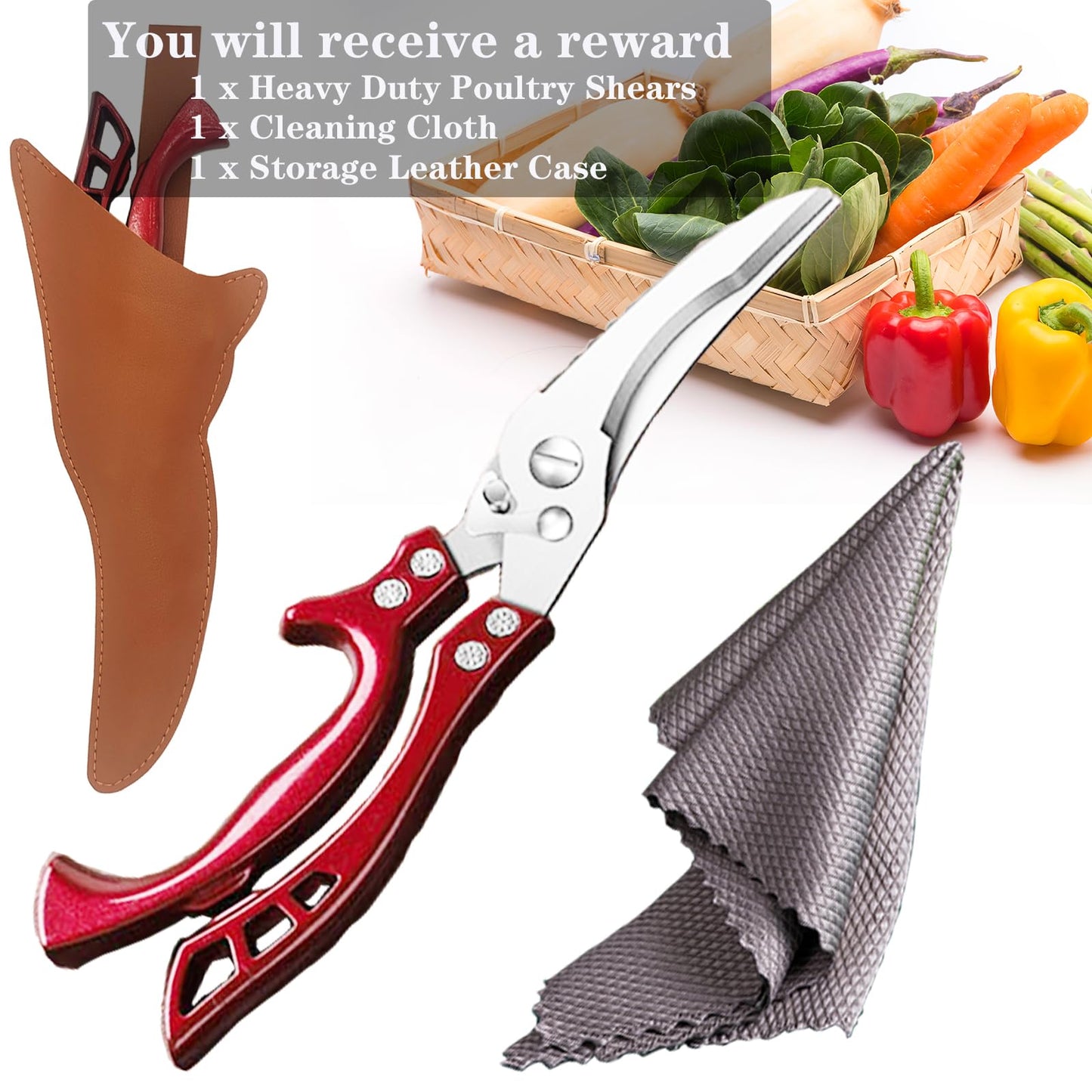 Heavy Duty Kitchen Shears by ANDONG, Kitchen Scissors,Stainless Steel Poultry Shears Heavy Duty Professional, Red