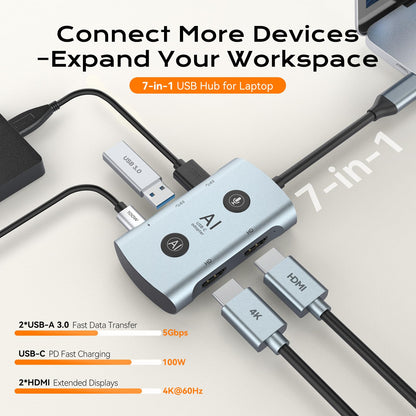 AI Laptop Docking Station with Dual Monitor 4K, TOPOINT 7-in-1 USB C Hub with AI Tools ChatGPT, Voice Transcription, Translation, 100W PD for MacBook HP Dell, Home Office Remote Work Business Travel