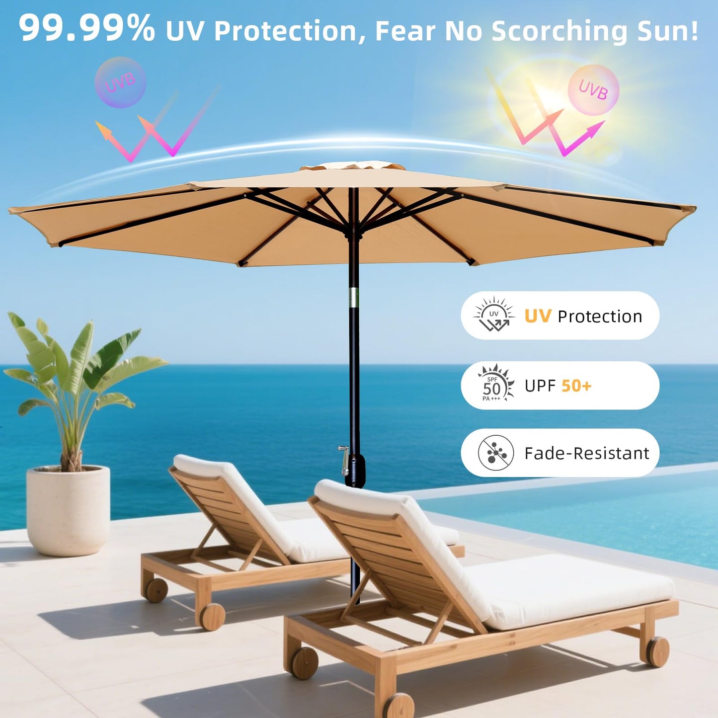 10ft Patio Umbrella, Table Market Umbrella Outdoor Patio with 104 LED Lights 8 Sturdy Ribs & Push Button Tilt and Crank for Deck, Pool, Garden, Backyard