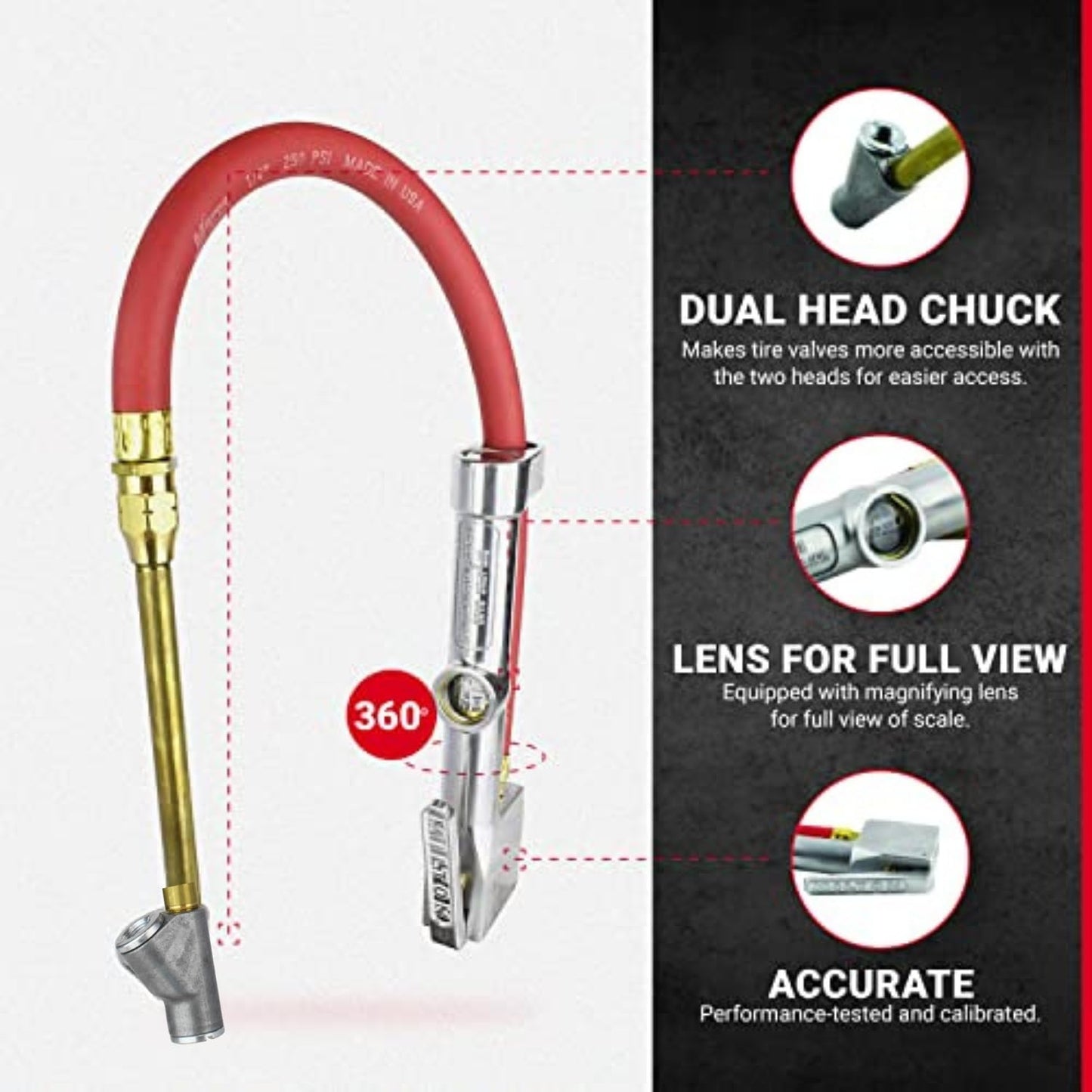 New & Improved - Tire Inflator Gauge with Dual Head Straight Foot Air Chuck 15” Air Hose 10-160 PSI (Box of 5)