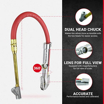 New & Improved - Tire Inflator Gauge with Dual Head Straight Foot Air Chuck 15” Air Hose 10-160 PSI (Box of 5)