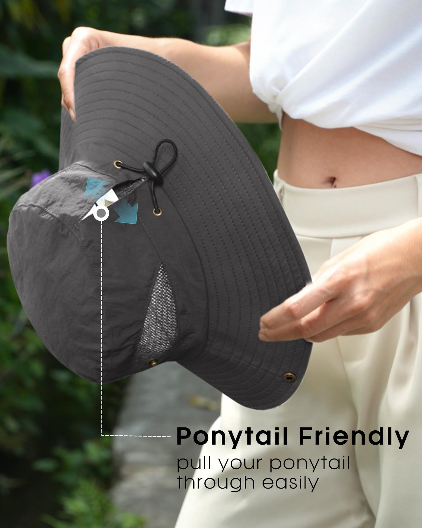 FURTALK Womens Sun Hat Beach Summer Wide Brim UPF 50+ Outdoor Protection Foldable Lightweight Ponytail Bucket Hat Dark Grey, One Size