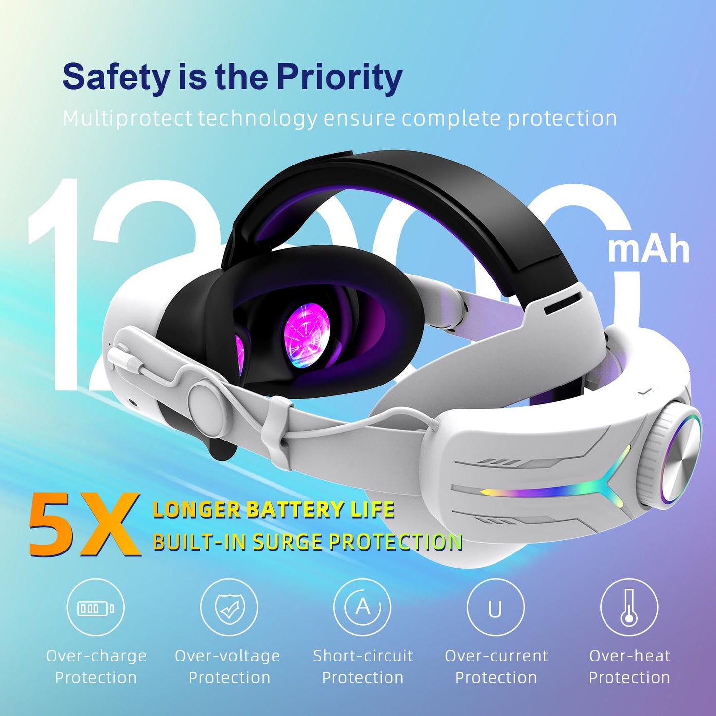QWOS RGB Headsets Comfort Head Strap with 12000mAh Battery for Meta Quest 3S - NOT Compatible with Quest 3
