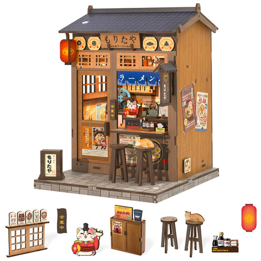 Fsolis Japanese Book Nook Kit - DIY Miniature Scene House Kit, 3D Puzzles for Adults, 220 Wooden Pieces, Tiny House Mini Booknook Craft Shelf Decor, Gifts for Women Model Lovers (Morita-Ya Ramen)