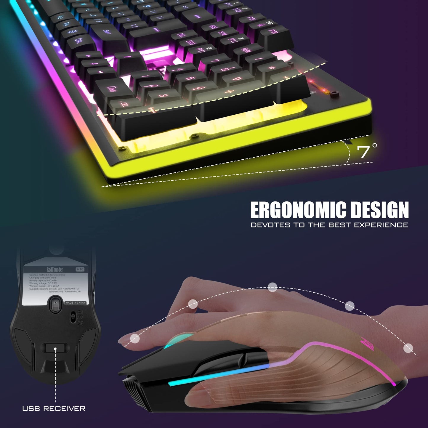RedThunder K10 Wireless Gaming Keyboard and Mouse Combo, LED Backlit Rechargeable 3800mAh Battery, Mechanical Feel Anti-ghosting Keyboard + 7D 3200DPI Mice for PC Gamer (Black)