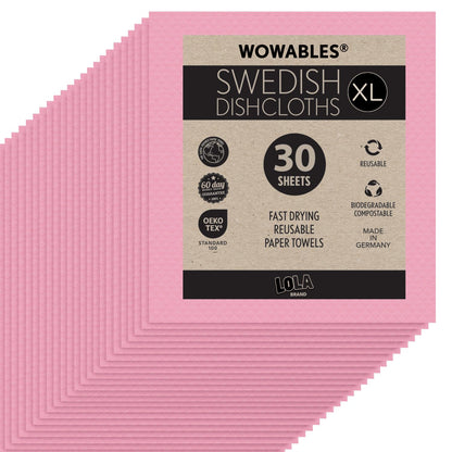 LOLA Wowables XL Swedish Dishcloths, 30 Reusable Eco Cleaning Cloths, 11" x 10", Ultra Absorbent Cellulose Sponge Towel, Compostable, Made in Germany